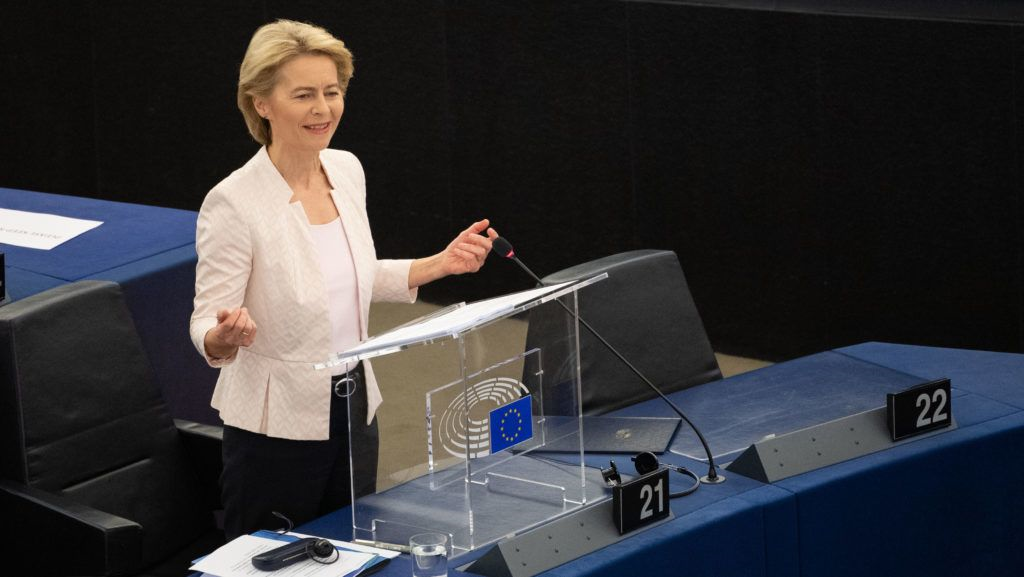 15 July 2019, France (France), Straßburg: Ursula von der Leyen (CDU) addresses the Members of the European Parliament during her application speech. Von der Leyen is applying to become the new President of the EU Commission. The heads of state and government of the EU had proposed the CDU politician as successor to EU Commission President Juncker. Photo: Marijan Murat/dpa