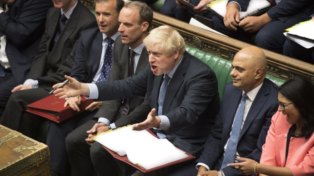 A handout photograph released by the UK Parliament shows Britain's Prime Minister Boris Johnson gesturing as he reacts to main opposition Labour Party leader Jeremy Corbyn during his first Prime Minister's Questions (PMQs) in the House of Commons in London on September 4, 2019. - Prime Minister Boris Johnson faced a fresh Brexit showdown in parliament on Wednesday after a stinging defeat over his promise to get Britain out of the European Union at any cost next month. (Photo by JESSICA TAYLOR / UK PARLIAMENT / AFP) / RESTRICTED TO EDITORIAL USE - NO USE FOR ENTERTAINMENT, SATIRICAL, ADVERTISING PURPOSES - MANDATORY CREDIT " AFP PHOTO / JESSICA TAYLOR / UK Parliament"